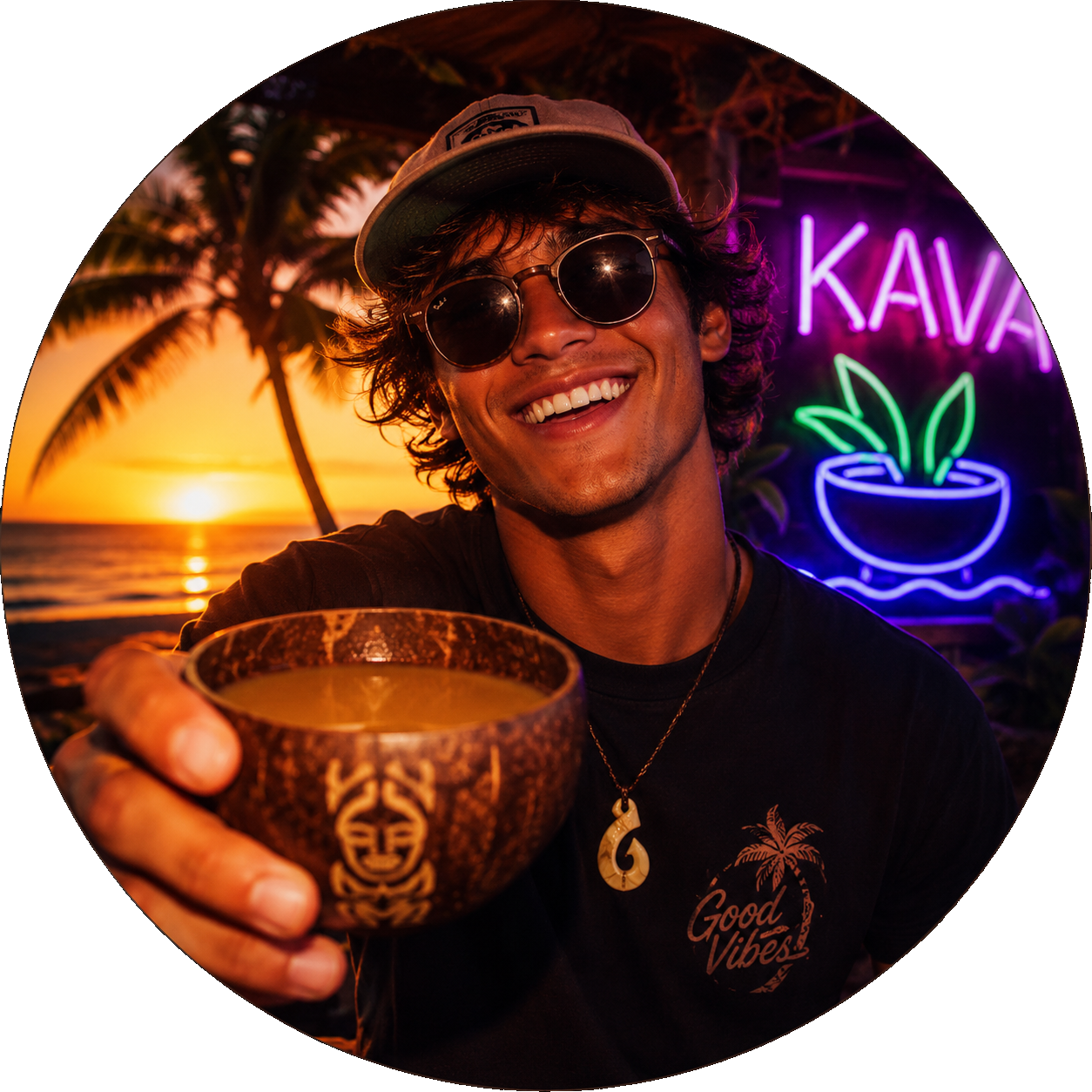 Person enjoying kava at sunset