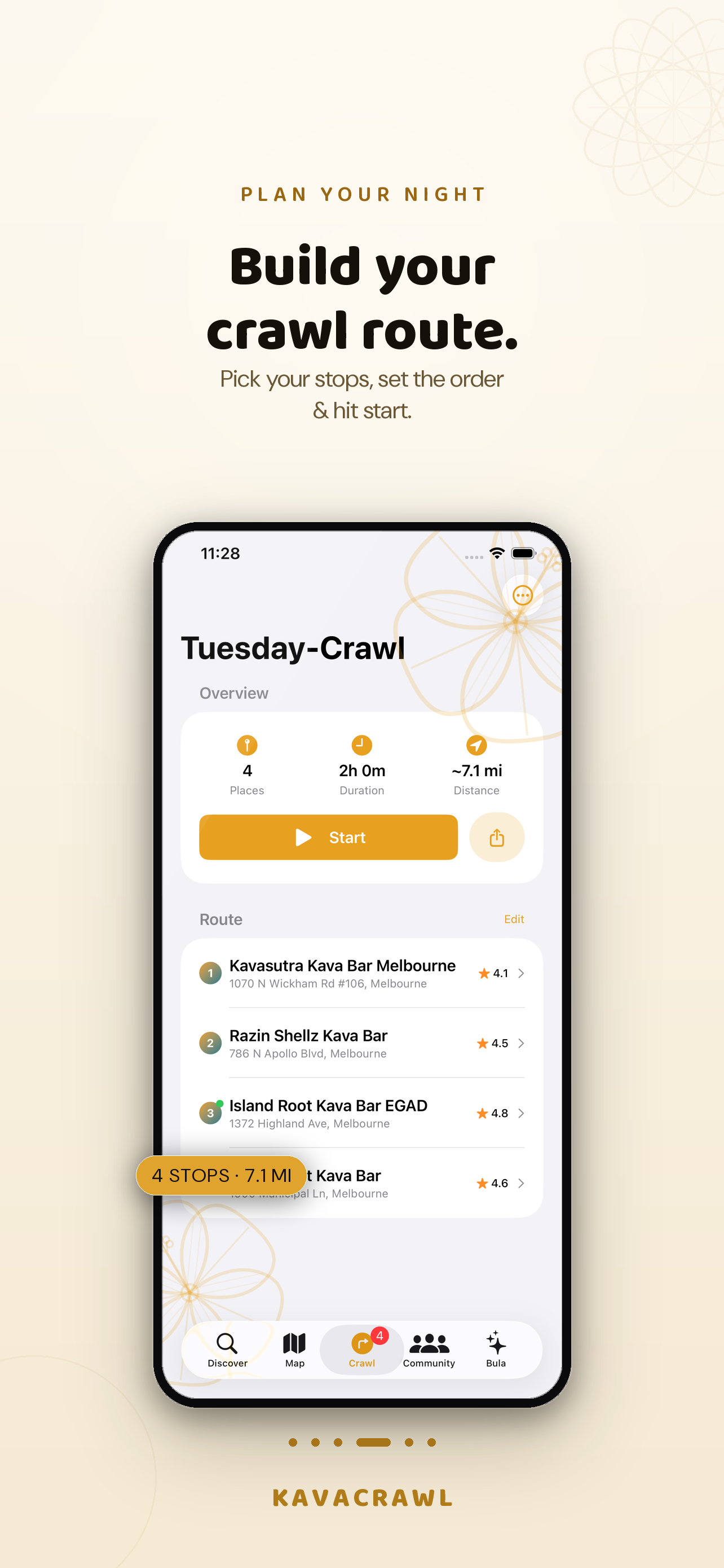 KavaCrawl crawl route screen